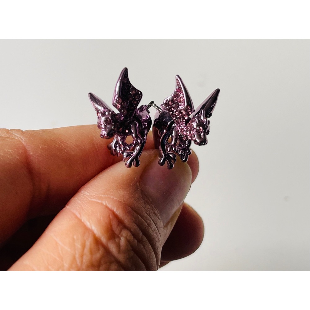 Metallic Purple Dragon Ear Jacket Earrings Rhinestone Gothic Fantasy Studs